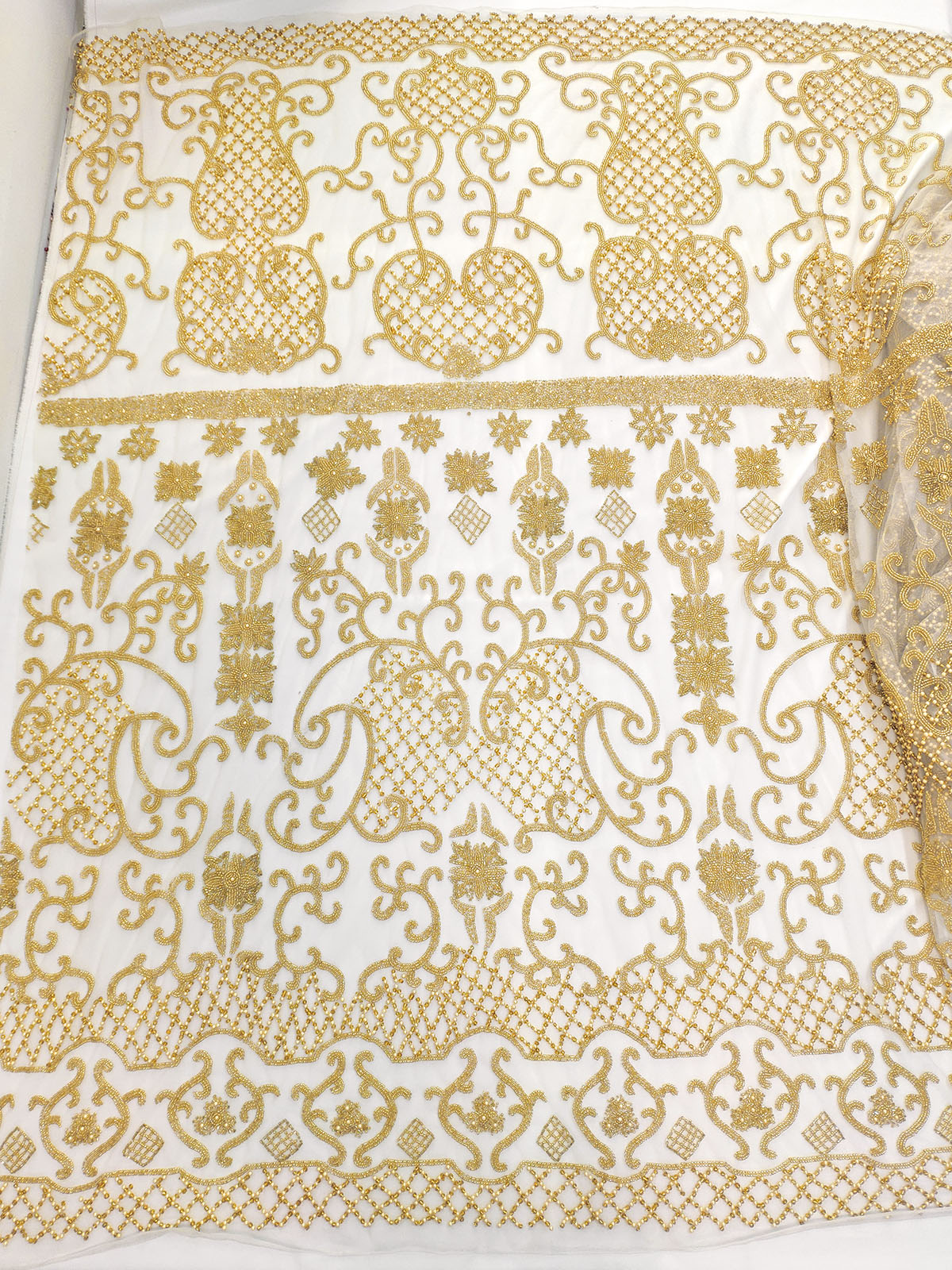 Gold handmade beaded lace fabric