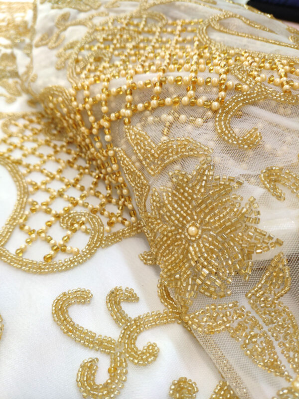 Gold handmade beaded lace fabric 